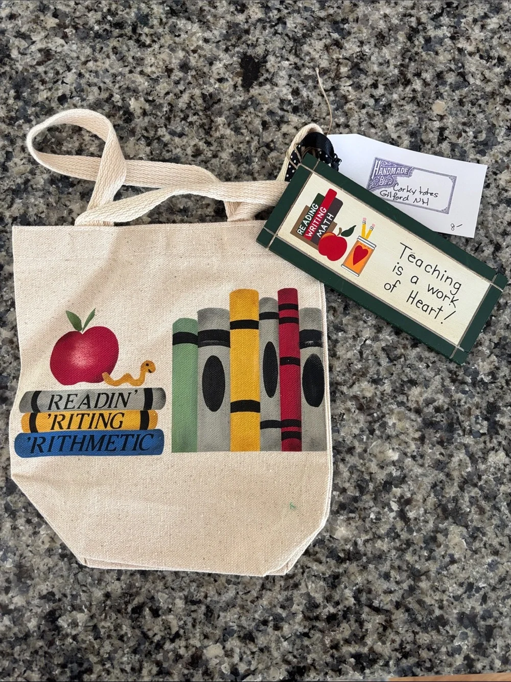 Canvas Teacher Tote with Book & Crayon Print - Red Apple